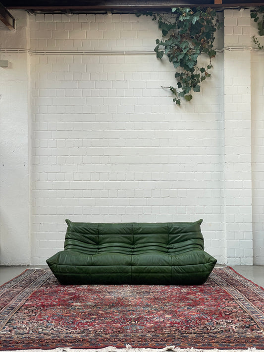 Vintage Grünes Leder Togo Sofa 3 Sitzer